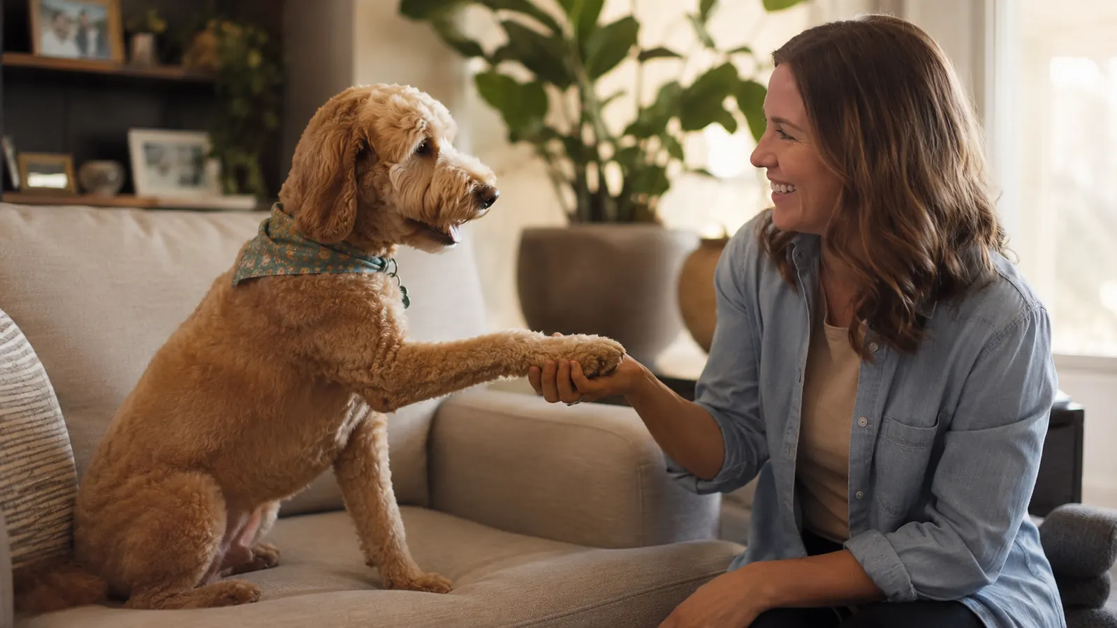 A happy dog giving a paw to its owner after a stress-free nail grinding session