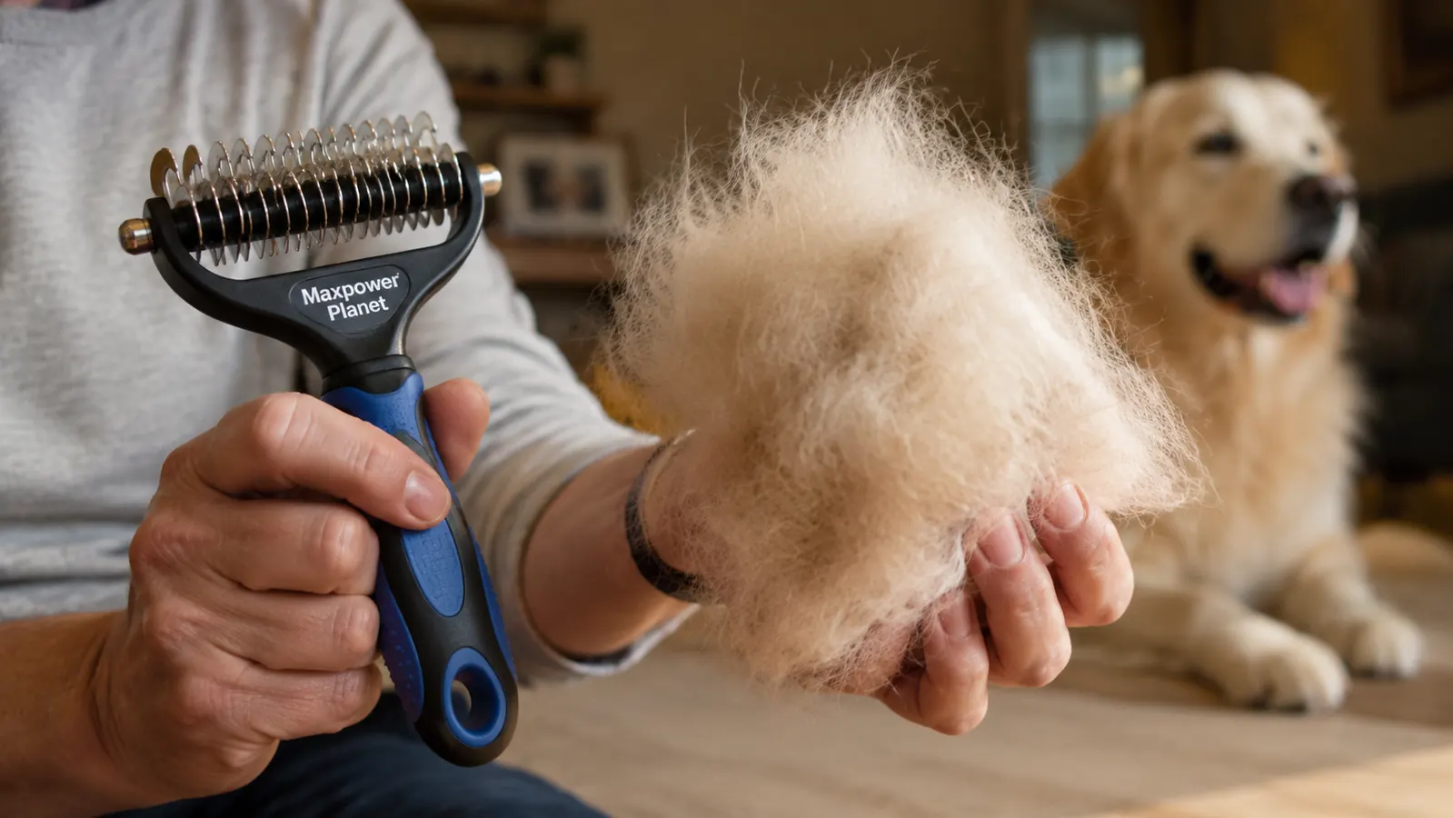 Hand holding a double-sided deshedding rake above a pile of removed undercoat fur
