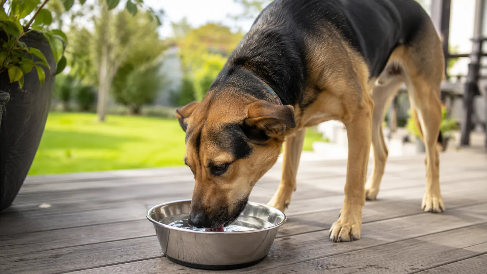 Dog drinking fresh water from a clean stainless bowl outdoors