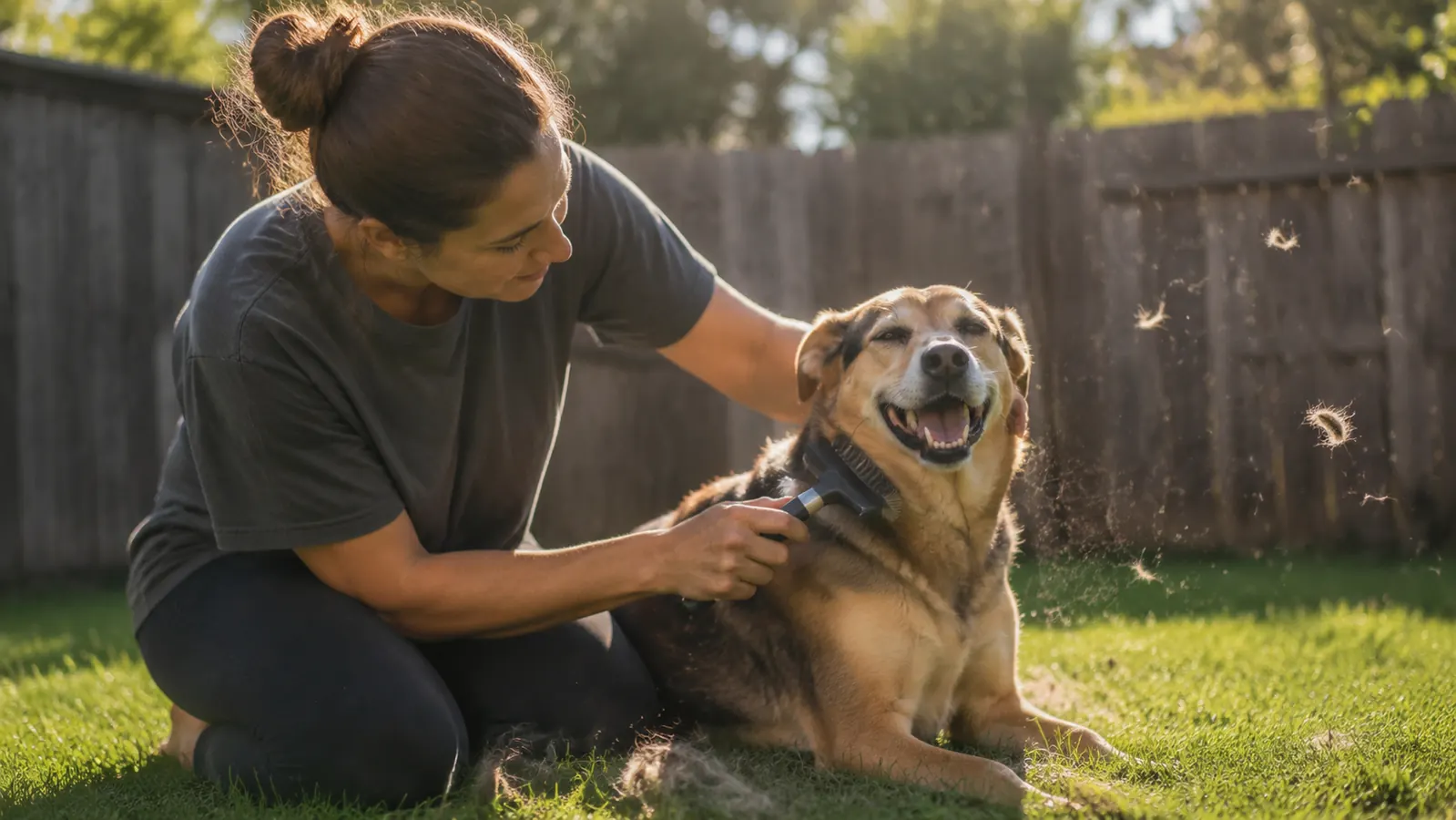 Person brushing a mixed-breed dog outdoors on a sunny day with a deshedding tool