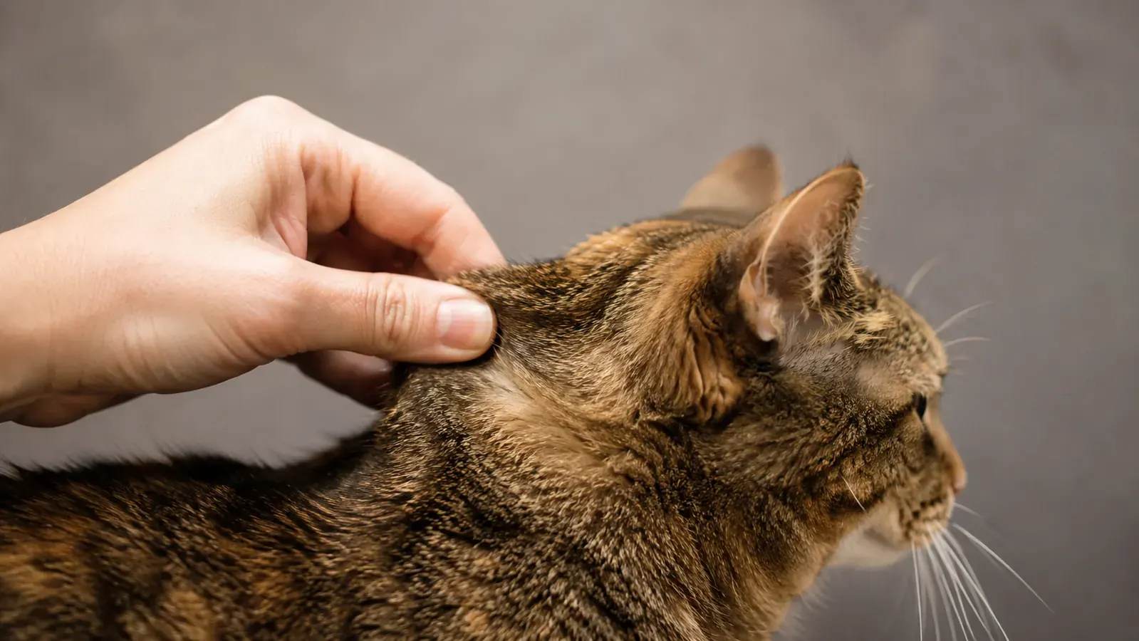 Close-up of a cat's skin being gently tent-tested for elasticity by a human hand