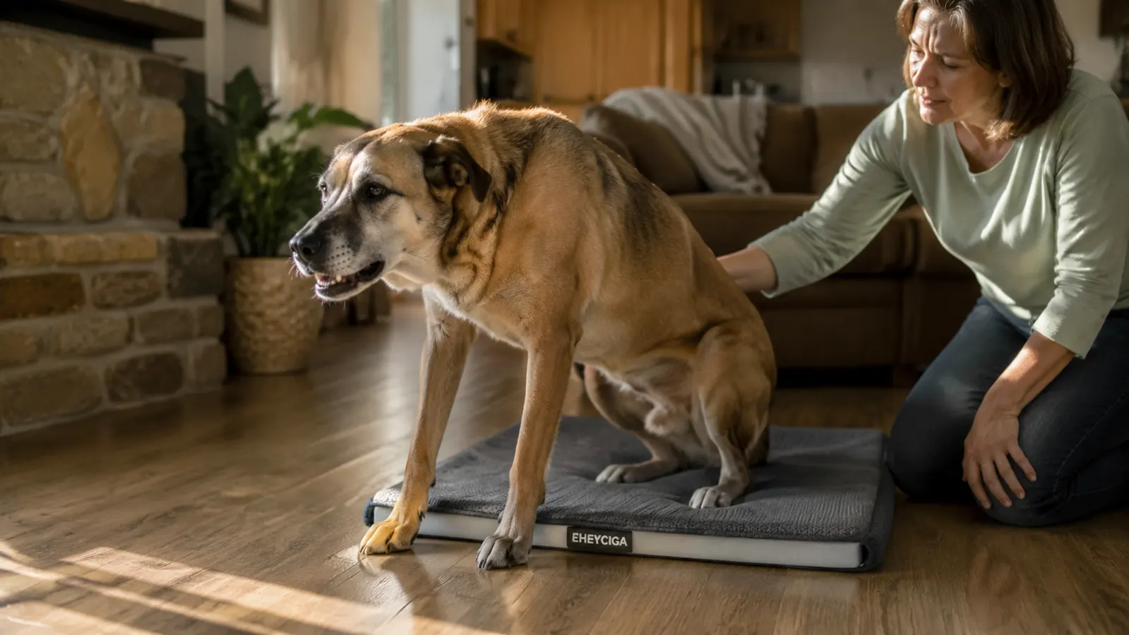 Dog struggling to rise from a flat cushion bed on hardwood floors