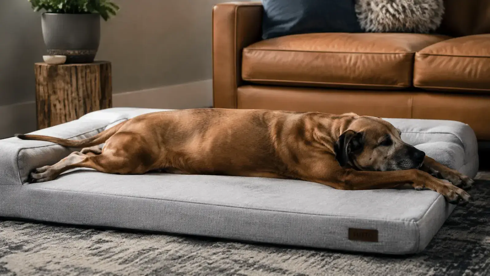 Happy older dog stretched out flat on a large orthopedic memory foam bed