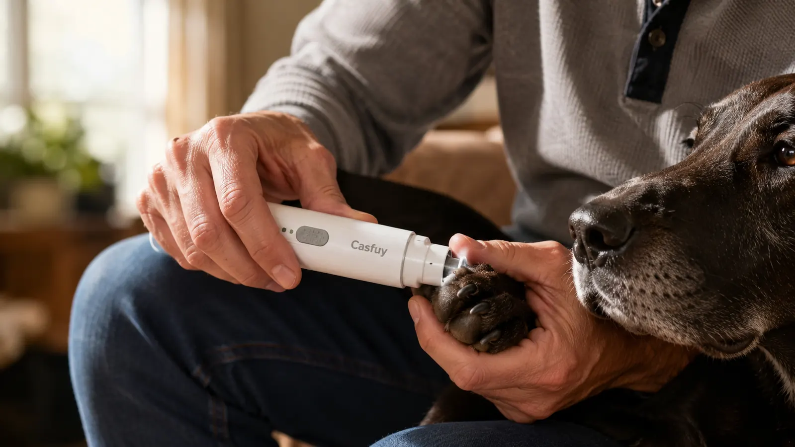 Close-up of the Casfuy nail grinder being held against a dog's front paw nail, owner's hand visible