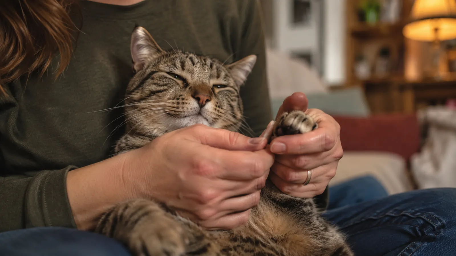 Cat sitting calmly on a lap while owner uses the nail grinder on its front claws