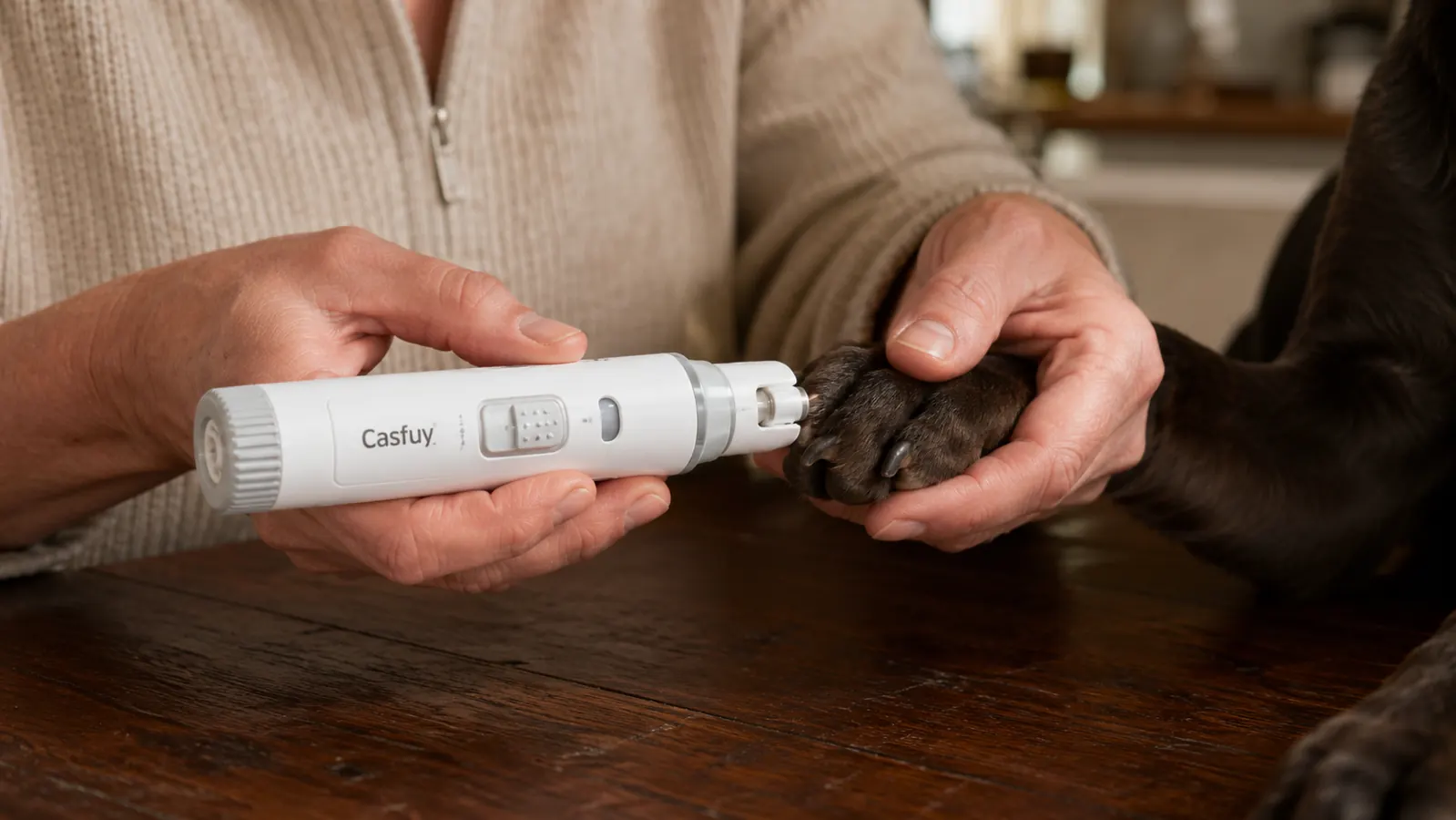 Casfuy nail grinder being held against a dog's front paw nail, showing grinding port and diamond bit