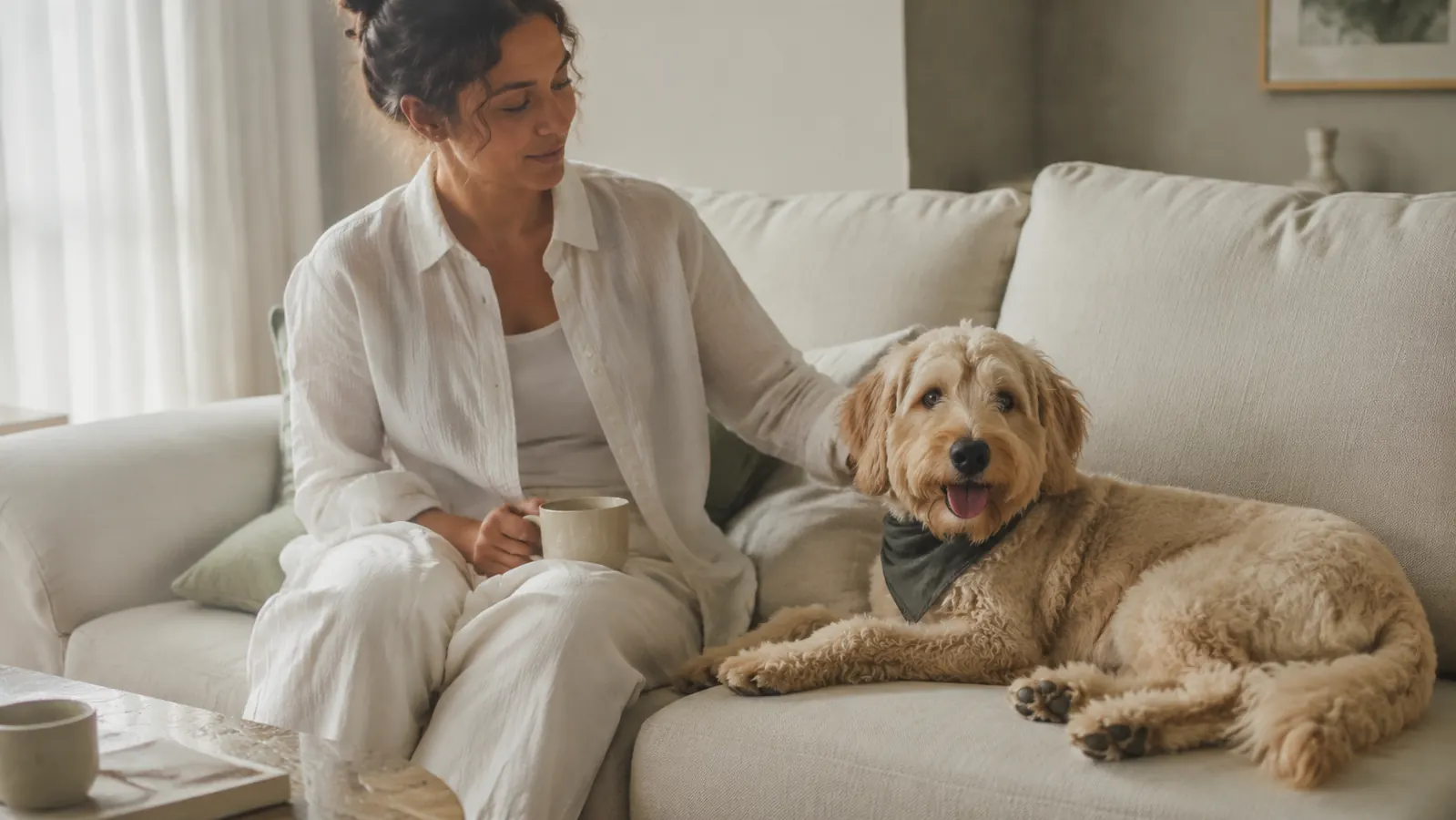 Dog and owner relaxing together on a couch after a grooming session, dog looking calm