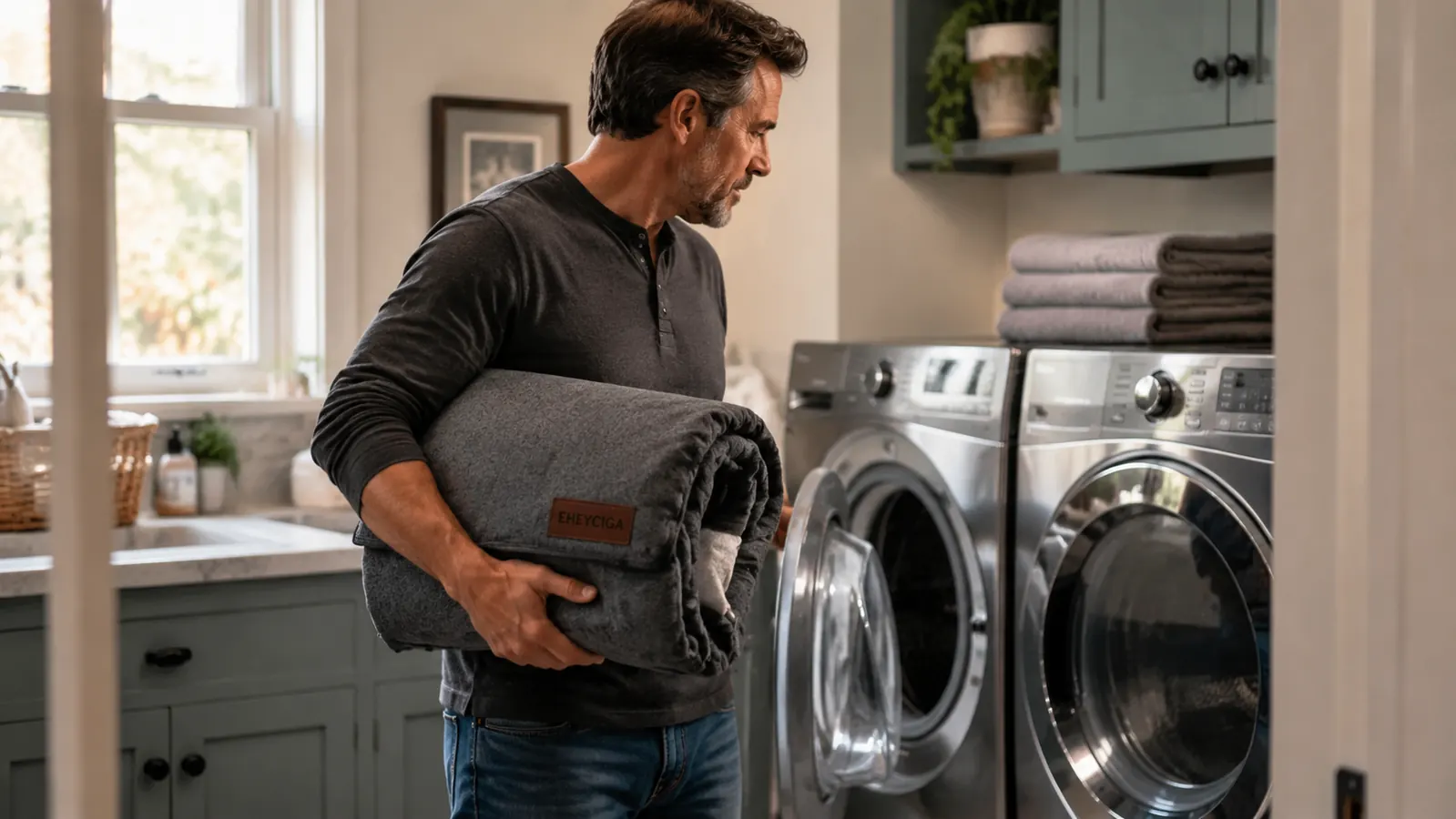 Dog owner placing an orthopedic dog bed cover into a washing machine