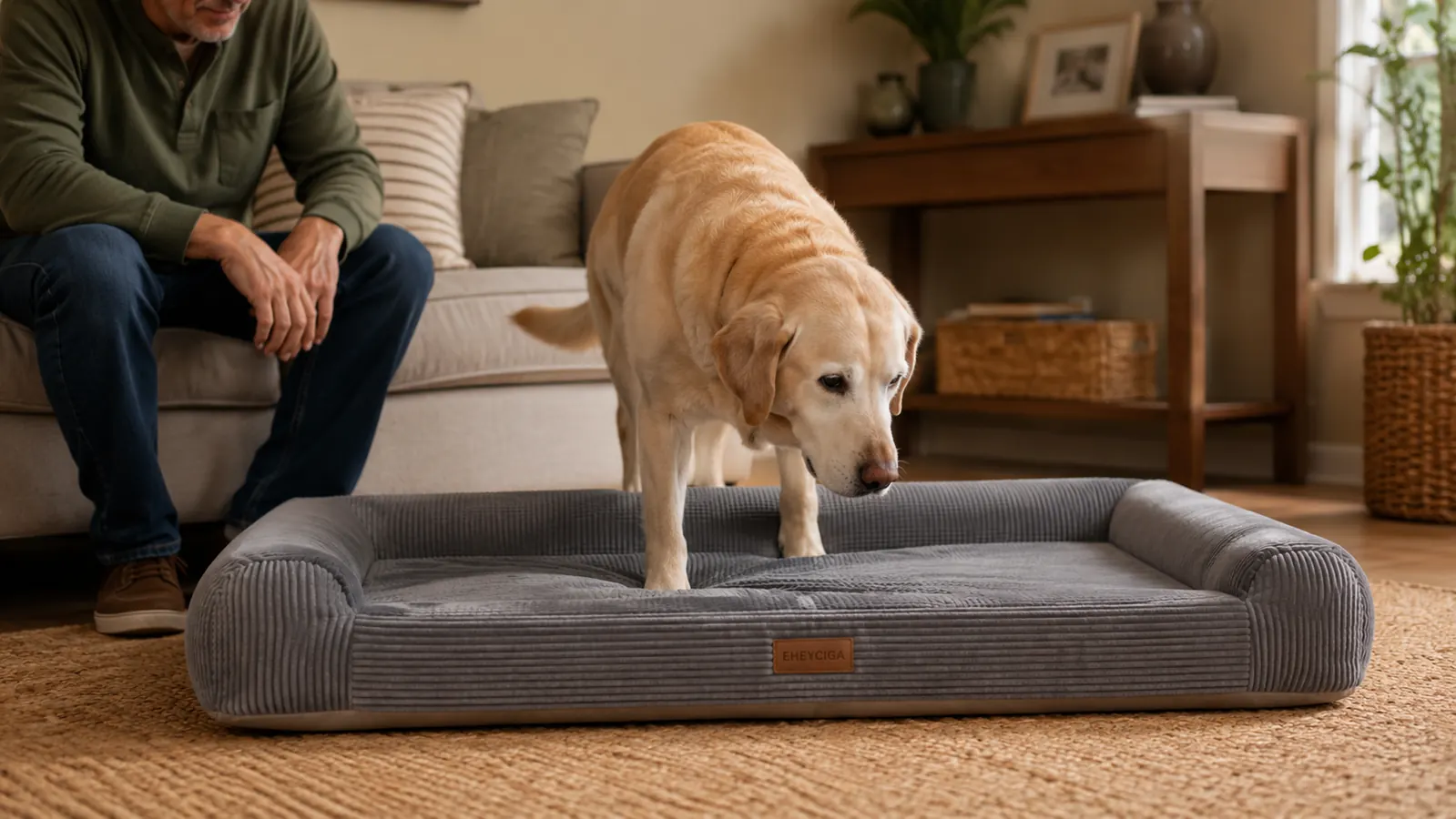 Older yellow Labrador stepping comfortably onto a large dog bed, showing ease of entry with a low-profile bolster edge