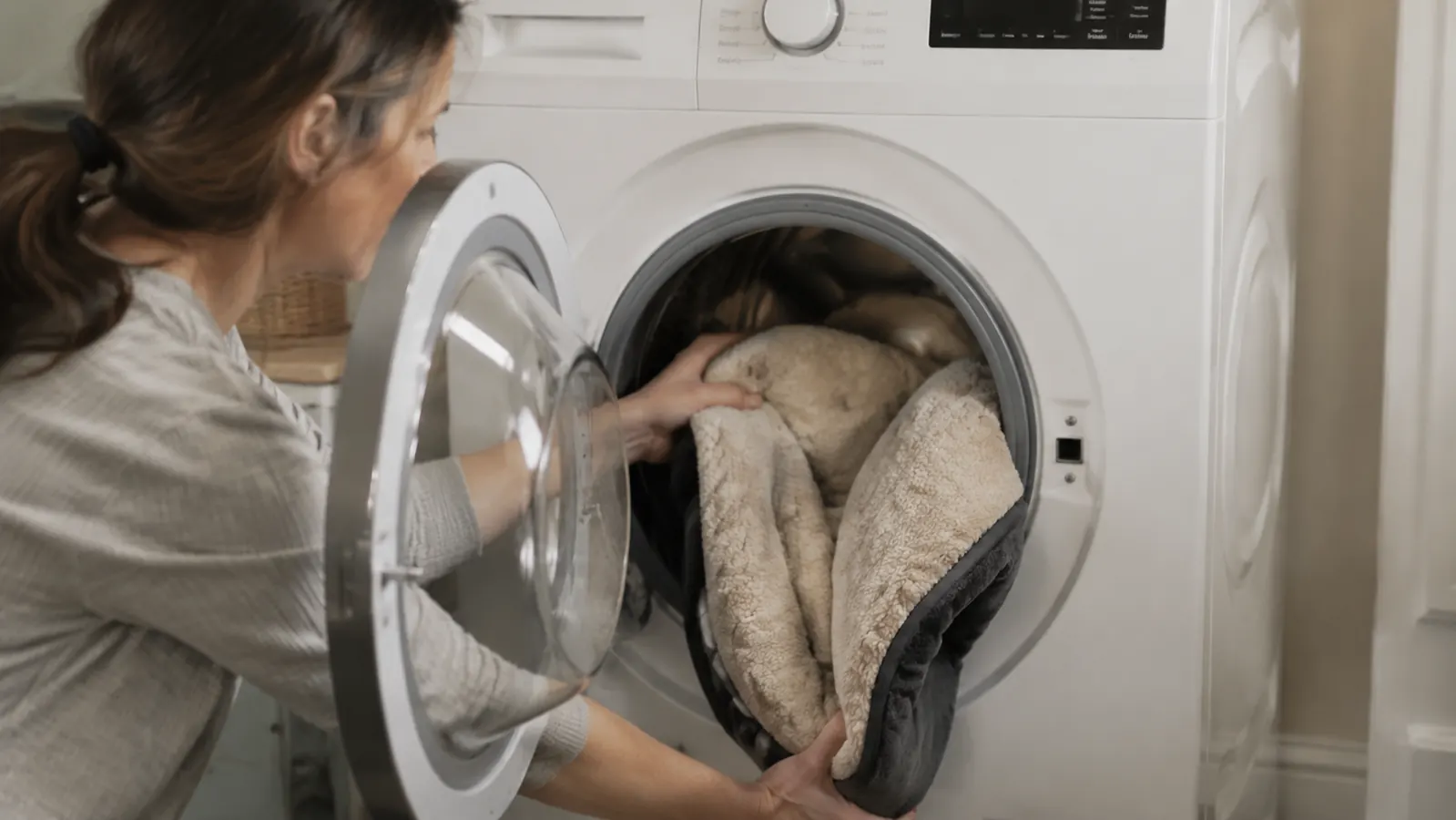Washing machine drum with a dog bed cover being laundered, suds visible, showing the bed cover is machine washable