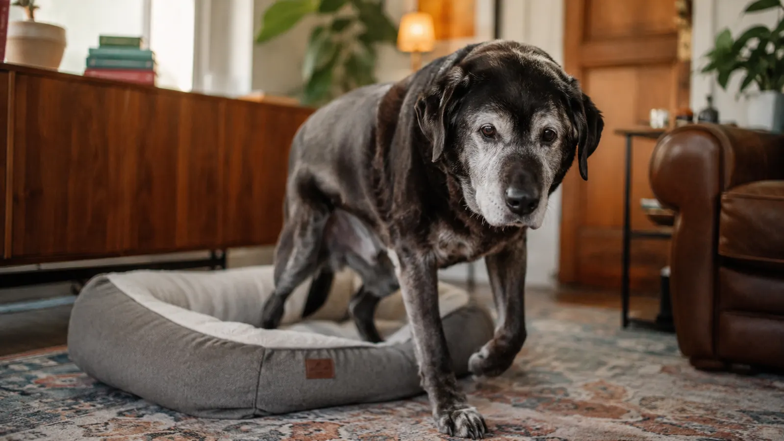 Senior shepherd mix getting up from a dog bed with ease, tail raised, looking alert