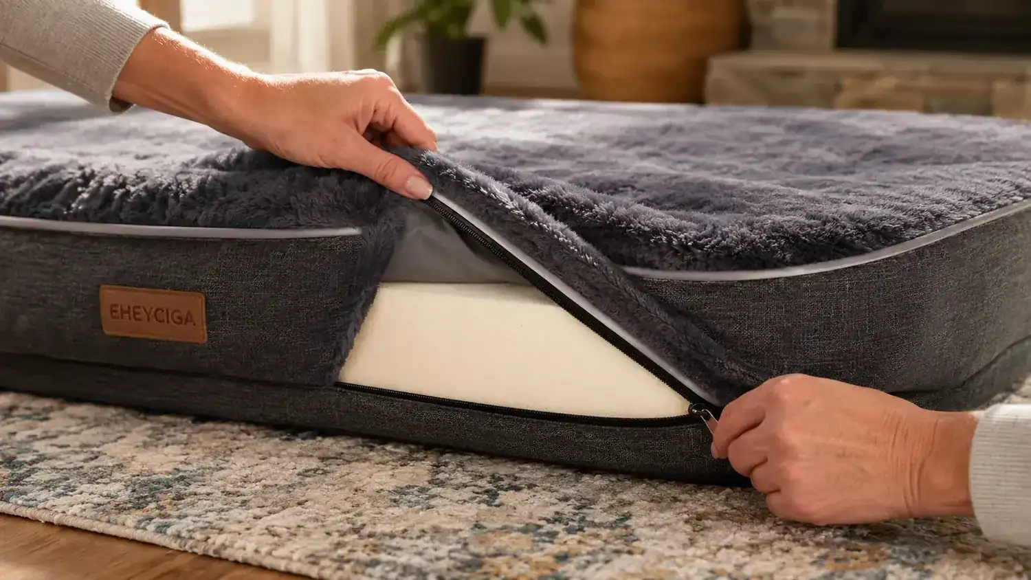 Person zipping the removable cover off a large orthopedic dog bed to show the foam base underneath