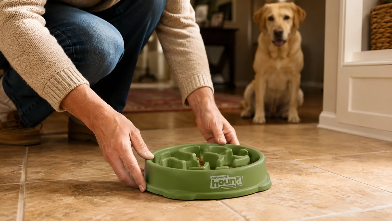 Person placing the Outward Hound Fun Feeder bowl on a kitchen floor for a waiting dog