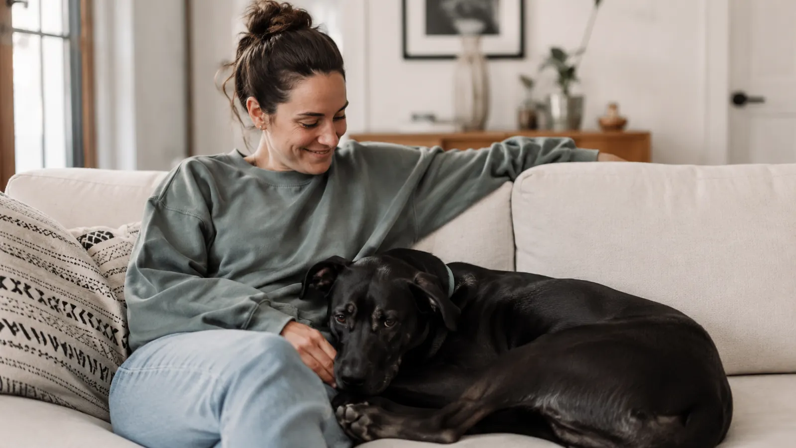 Dog and owner relaxing together on a clean couch with no visible shedding
