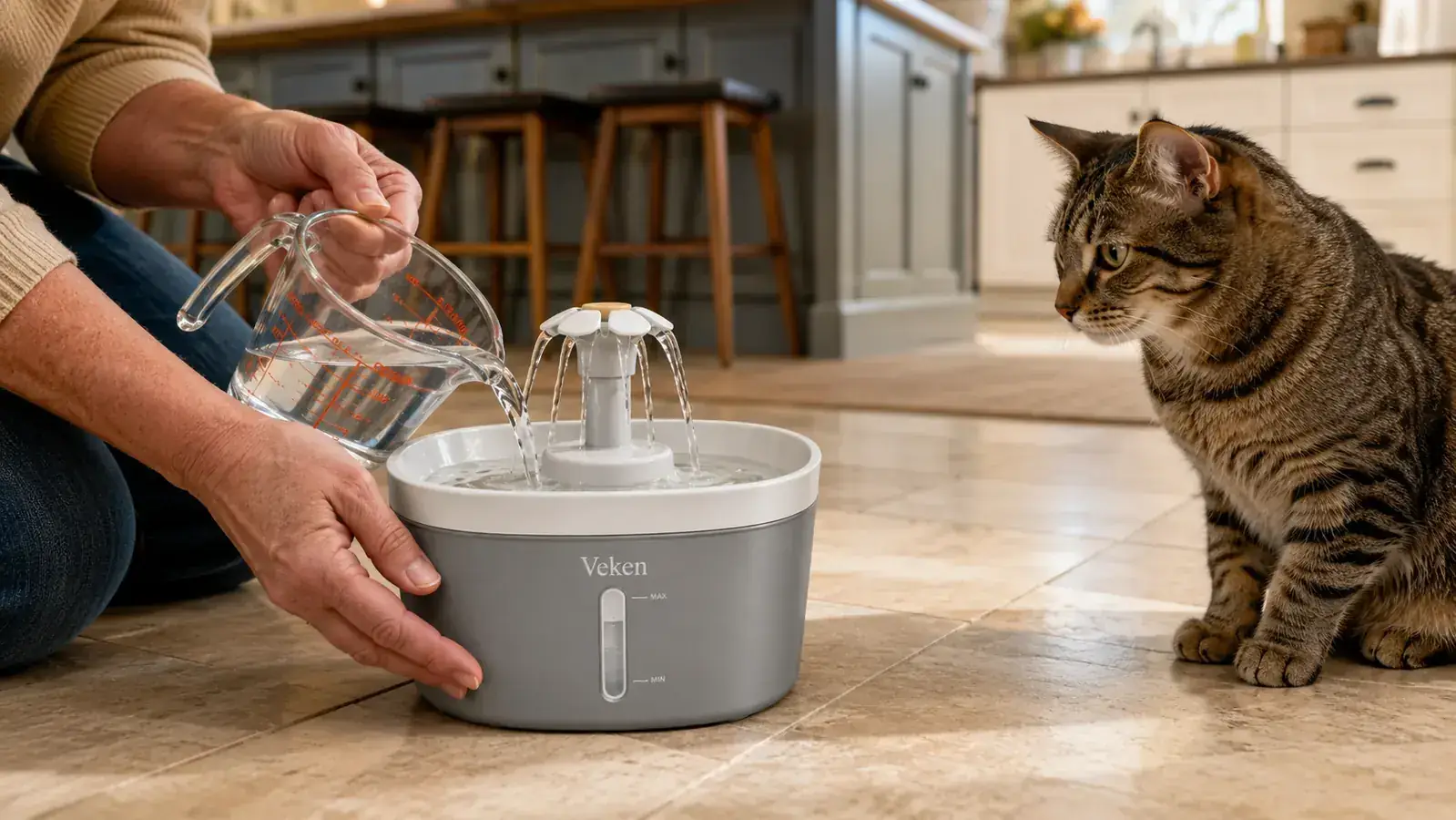 The Veken 95oz pet fountain with its pump and replacement filter components laid out on a white surface