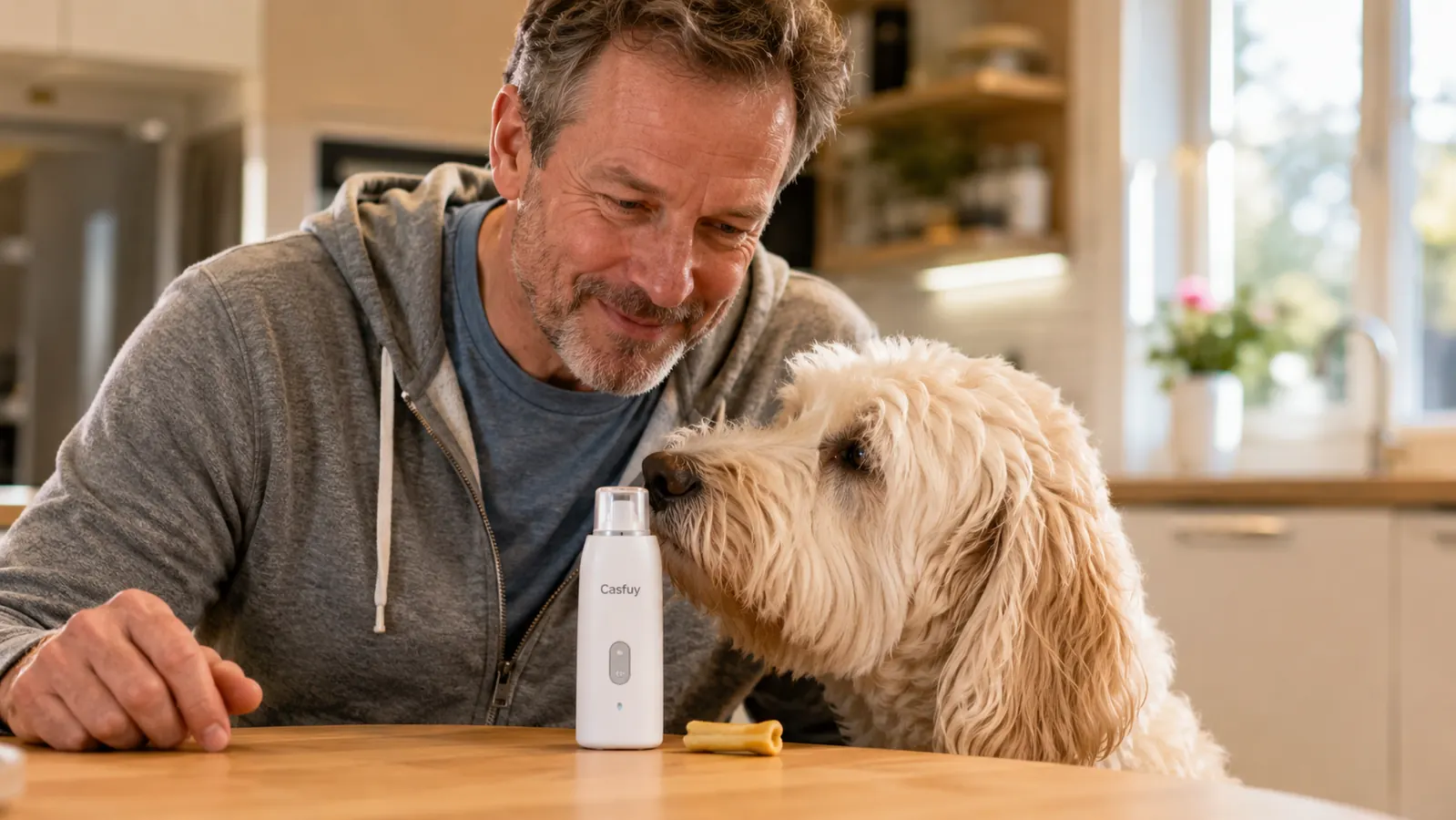 Casfuy nail grinder sitting switched off on a table next to a dog treat, dog sniffing it curiously