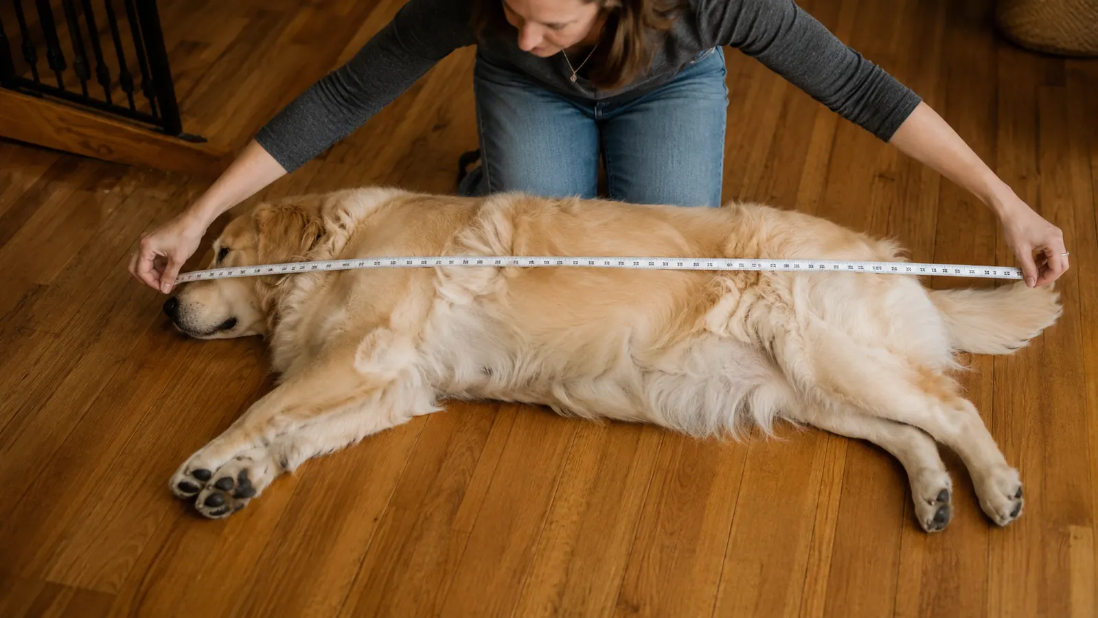 Measuring tape laid across the length of a large dog lying on its side to show how to measure for bed size
