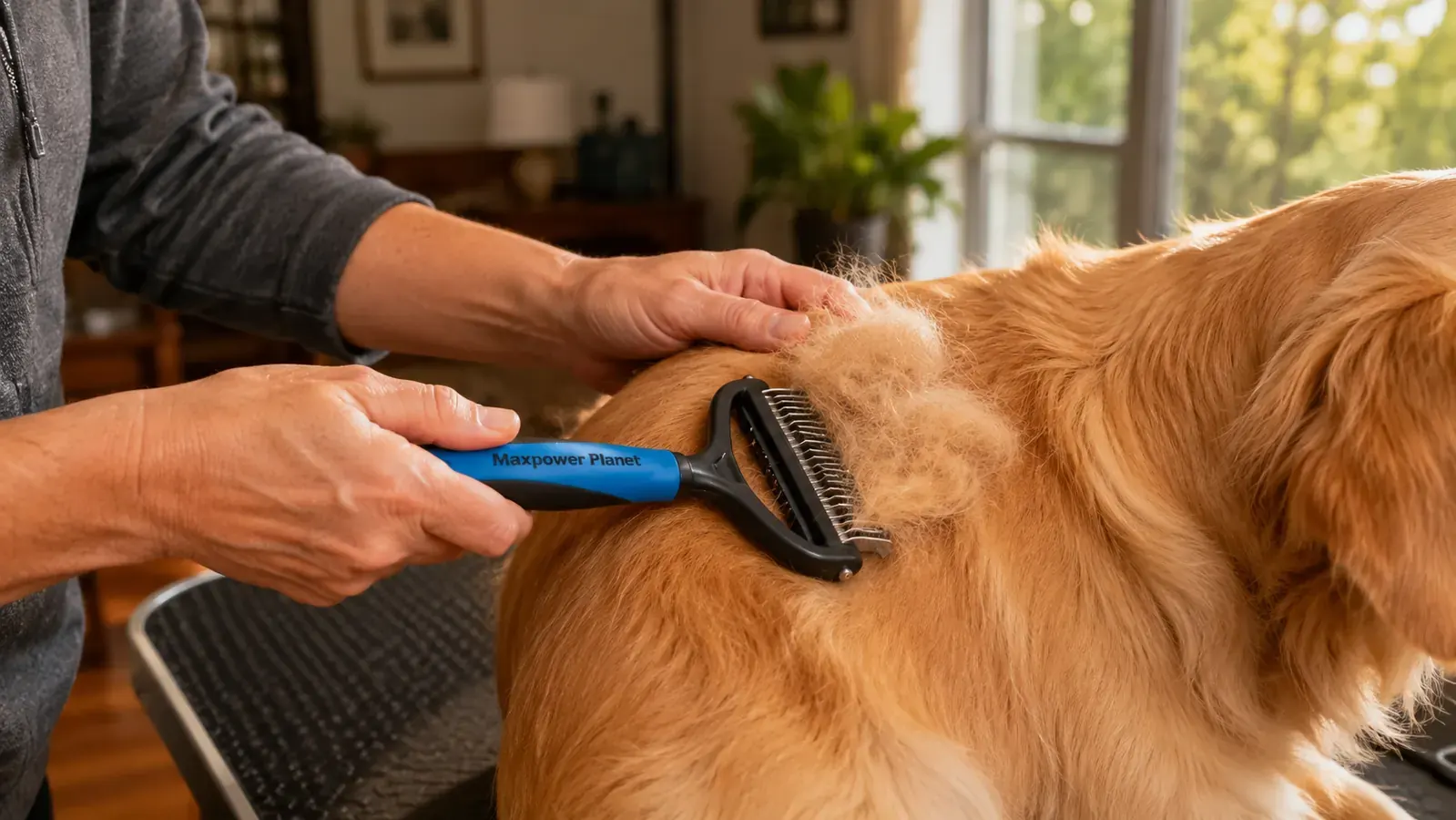 Close-up of a double-sided grooming rake removing a thick clump of undercoat from a dog's back
