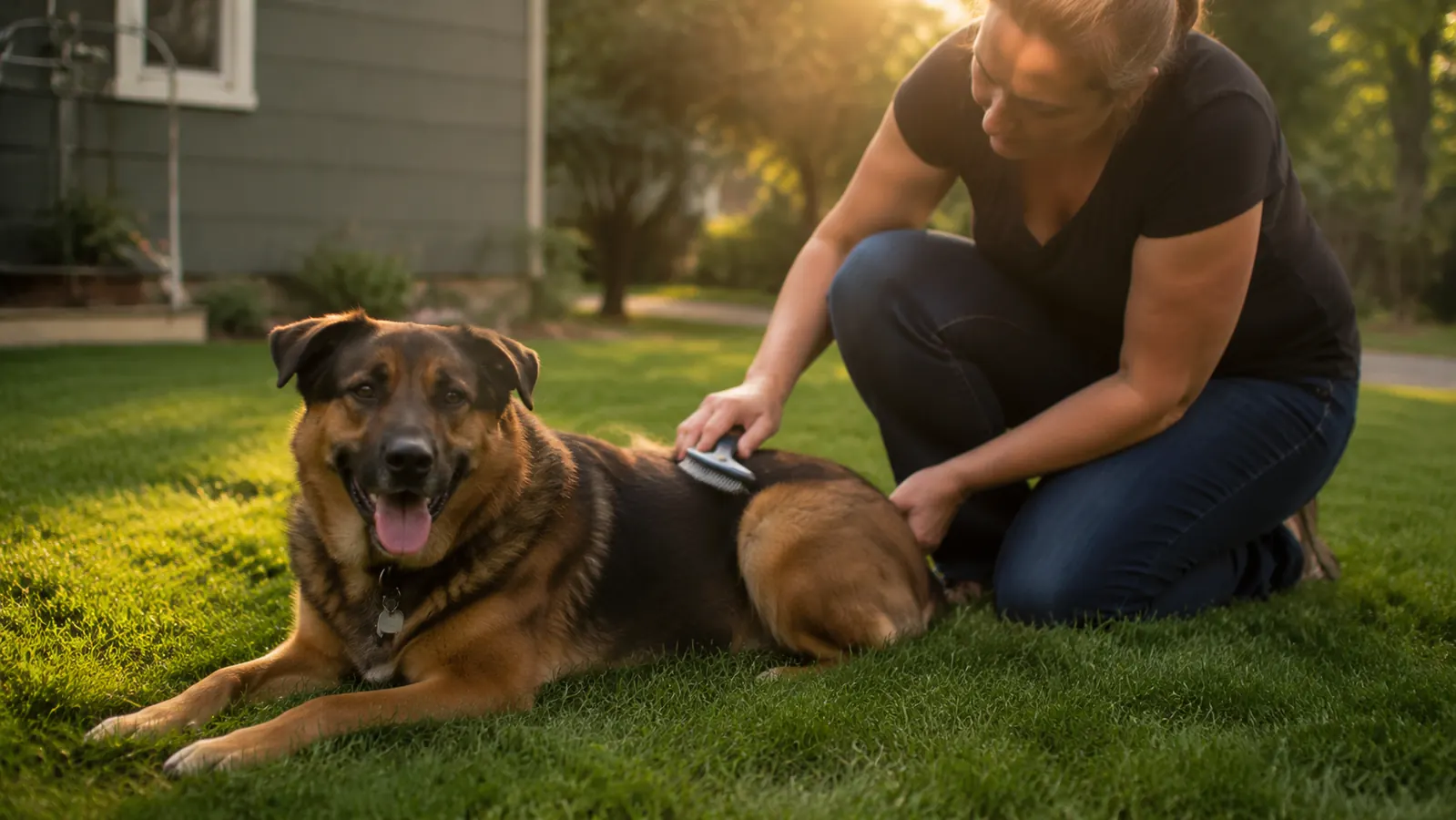 Dog lying on a grooming mat outdoors while owner works through its coat section by section