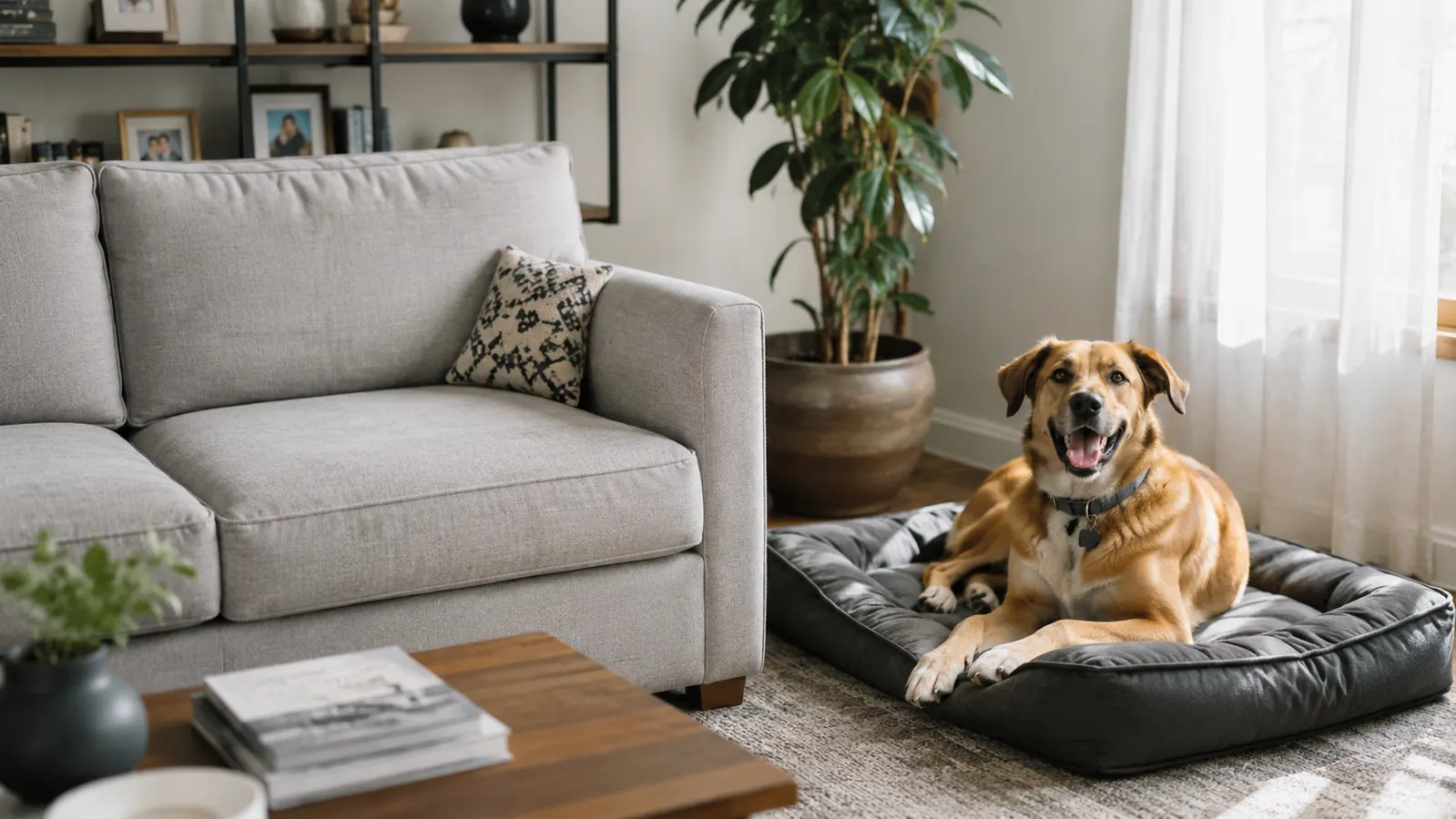 Clean living room sofa with no visible dog fur after implementing a regular grooming schedule