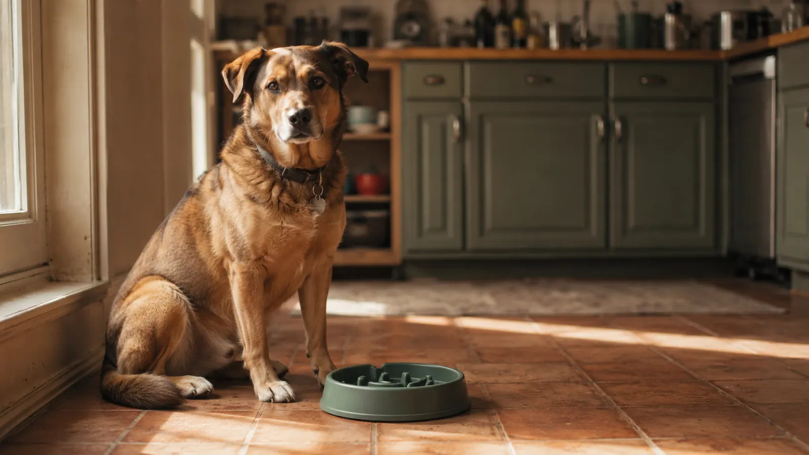 Calm dog sitting beside a slow feeder bowl after finishing a relaxed meal