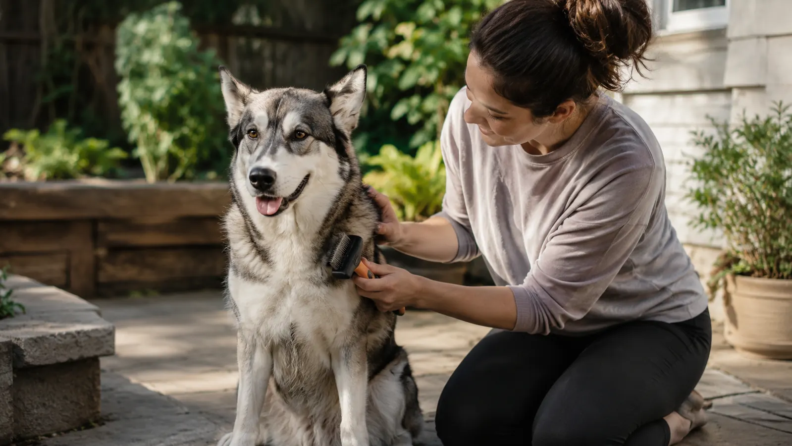 Happy Husky mix sitting calmly during a grooming session on a patio