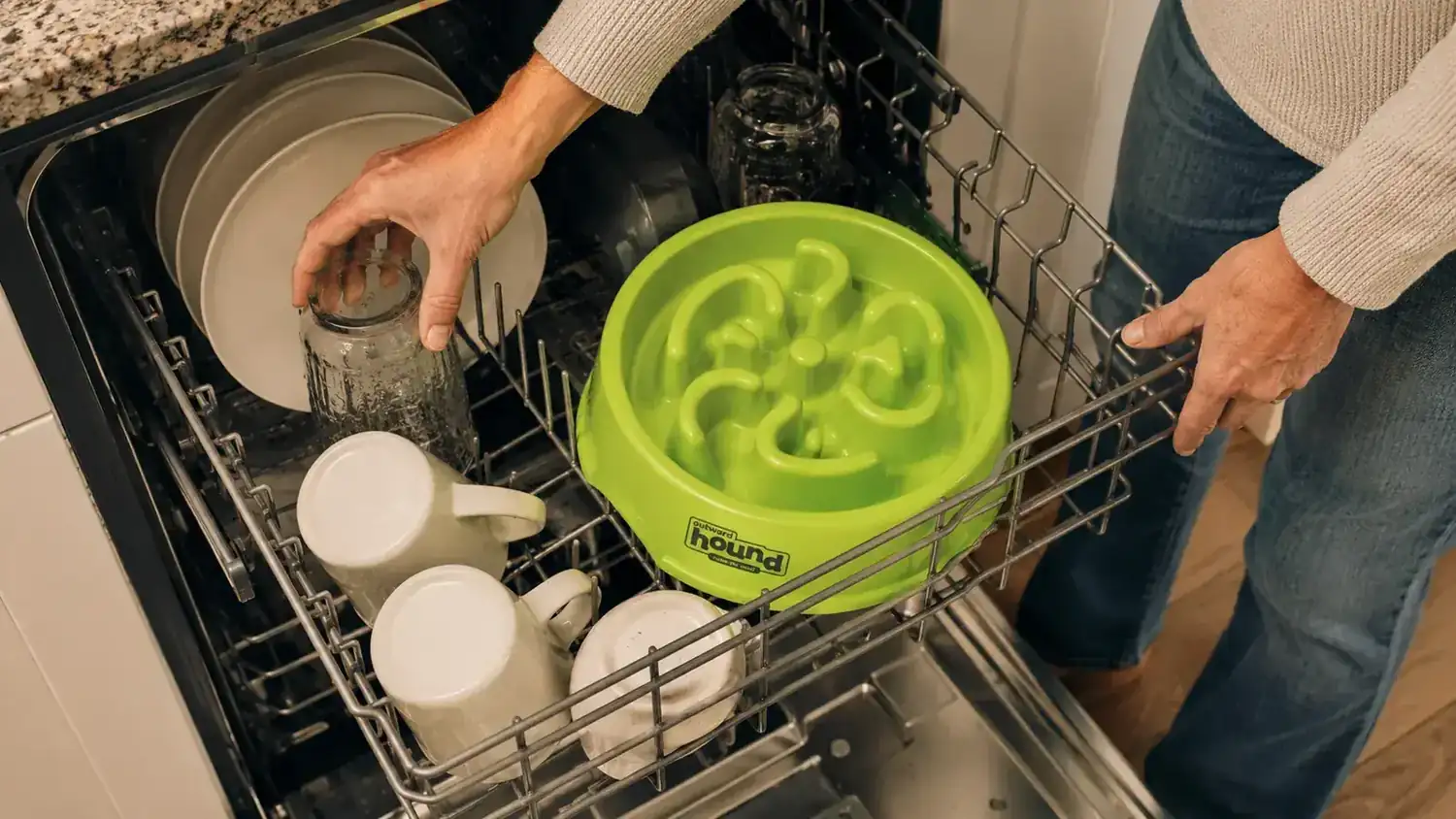 Slow feeder bowl sitting on the top rack of a dishwasher