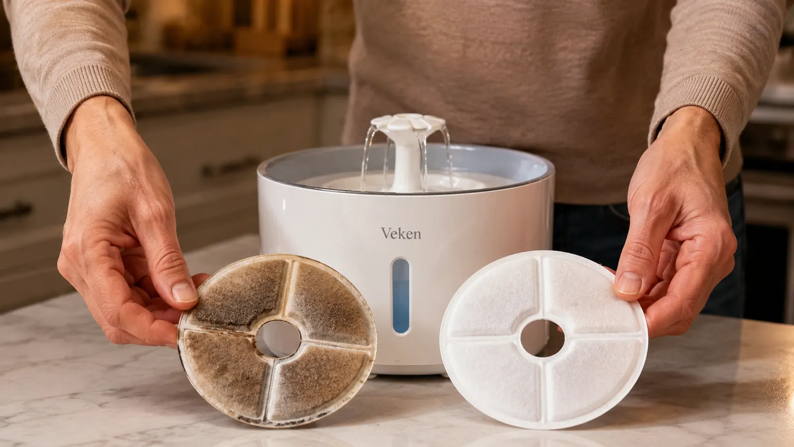 Close-up of a used Veken fountain filter next to a new filter showing the color difference and debris