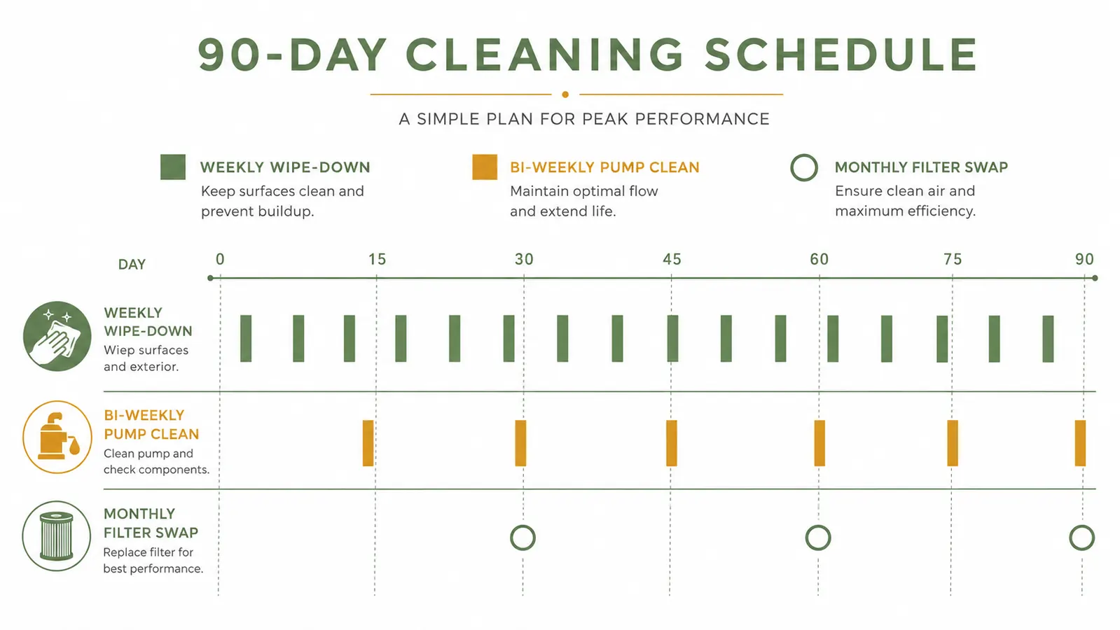 Chart showing Veken fountain cleaning schedule over 90 days with filter change dates marked