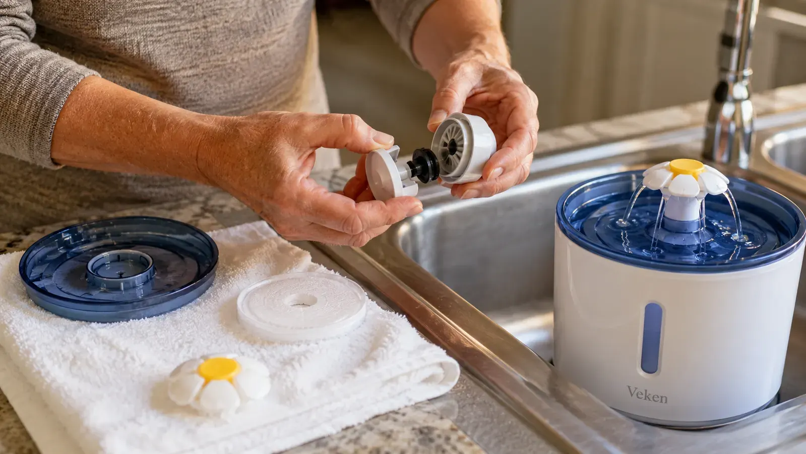 Hands disassembling the Veken pet fountain pump over a sink for monthly cleaning